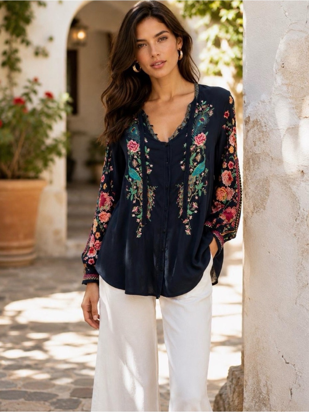 Johnny Was Navy Floral Embroidered V-Neck Blouse